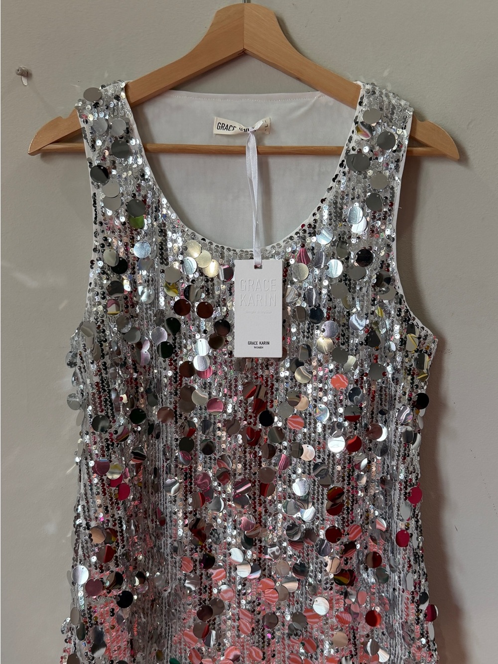 Grace Karin Silver Metallic Sequin Disc Tank